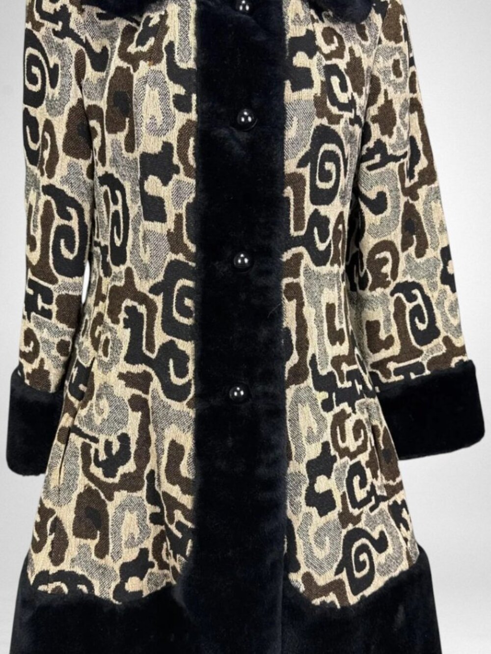 Vintage 1960s Mar-Del by Rice Jacquard Coat Faux Fur Trim A-Line Mod Statement M - Picture 3 of 13